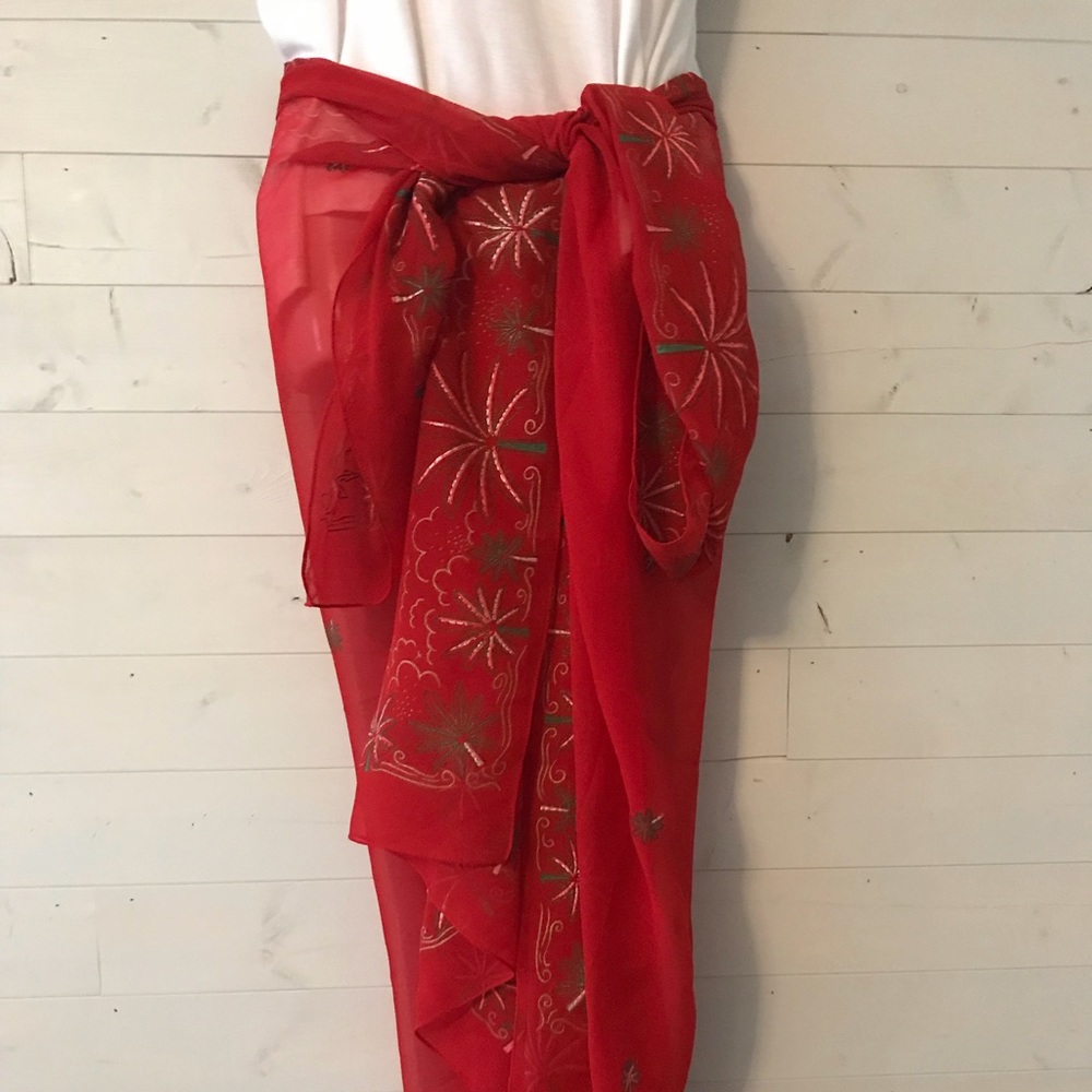 Women’s Swim Wrap or Scarf in Red with Leaf Design